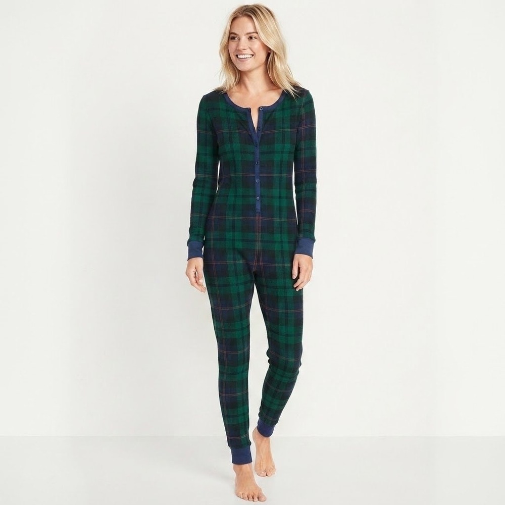 Old Navy Thermal Union Suit Medium Tall Green Plaid Black Watch Henley Pyjama PJ